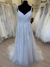 A-line V-neck Tulle Sweep Train Wedding Dress With Appliques Lace #UKM00028359