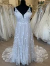 A-line V-neck Tulle Court Train Wedding Dress With Appliques Lace #UKM00028360