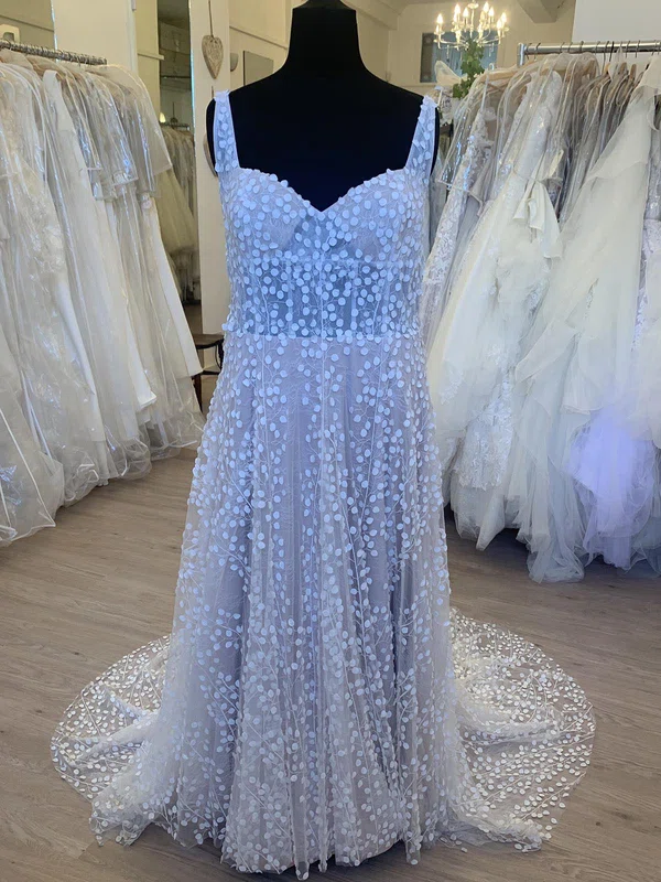 A-line Sweetheart Tulle Court Train Wedding Dress With Appliques Lace #UKM00028361