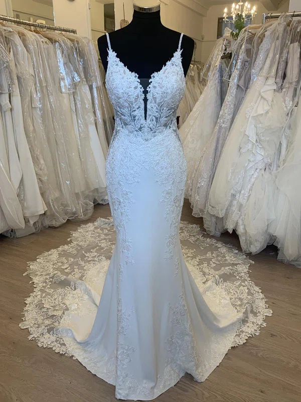 Trumpet/Mermaid V-neck Stretch Crepe Court Train Wedding Dress With Appliques Lace #UKM00028363