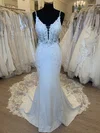 Trumpet/Mermaid V-neck Stretch Crepe Court Train Wedding Dress With Appliques Lace #UKM00028363