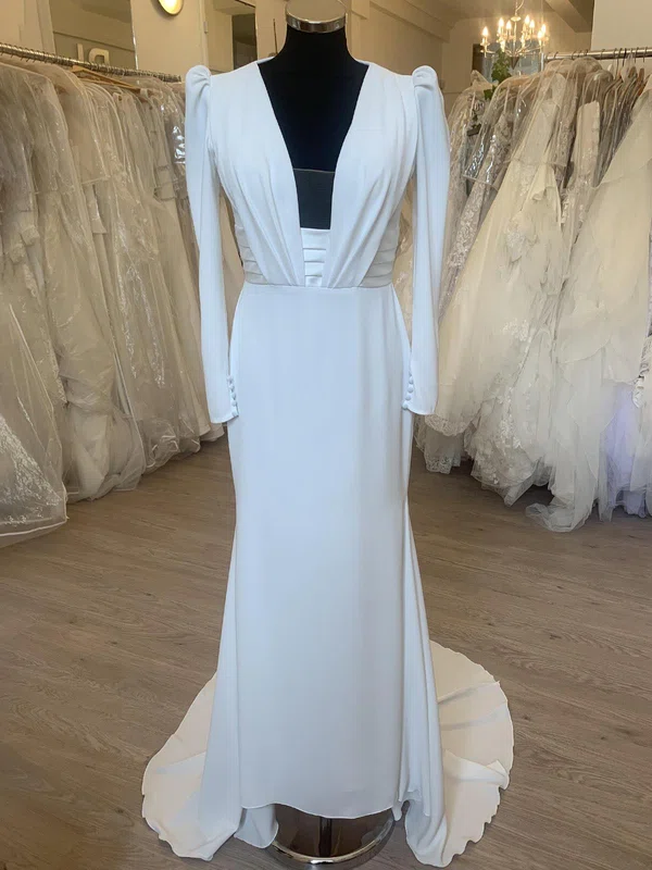 Sheath/Column V-neck Satin Chiffon Sweep Train Wedding Dress With Ruched #UKM00028365