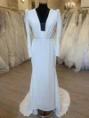Sheath/Column V-neck Satin Chiffon Sweep Train Wedding Dress With Ruched #UKM00028365