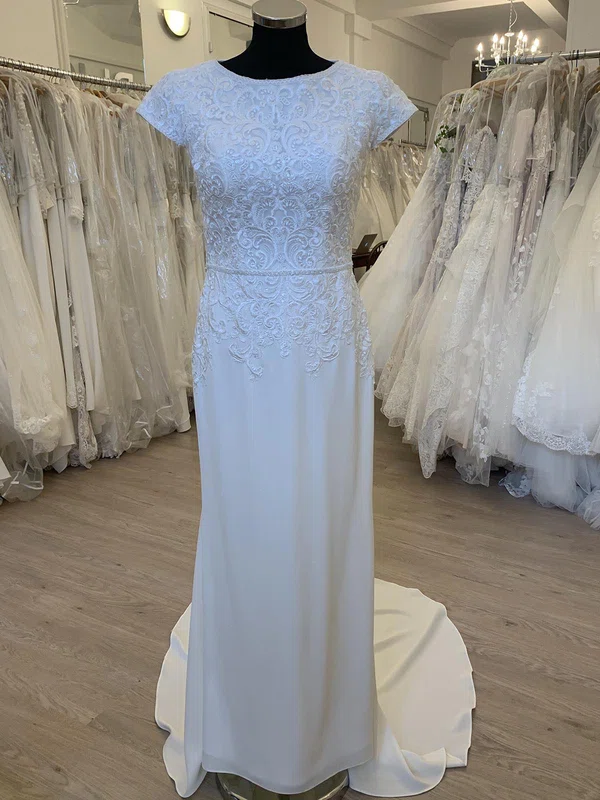 Sheath/Column Scoop Neck Satin Chiffon Sweep Train Wedding Dress With Appliques Lace #UKM00028366