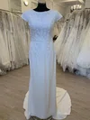 Sheath/Column Scoop Neck Satin Chiffon Sweep Train Wedding Dress With Appliques Lace #UKM00028366