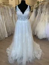 Ball Gown/Princess V-neck Tulle Court Train Wedding Dress With Appliques Lace #UKM00028369