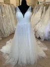 Ball Gown/Princess V-neck Tulle Court Train Wedding Dress With Appliques Lace #UKM00028370