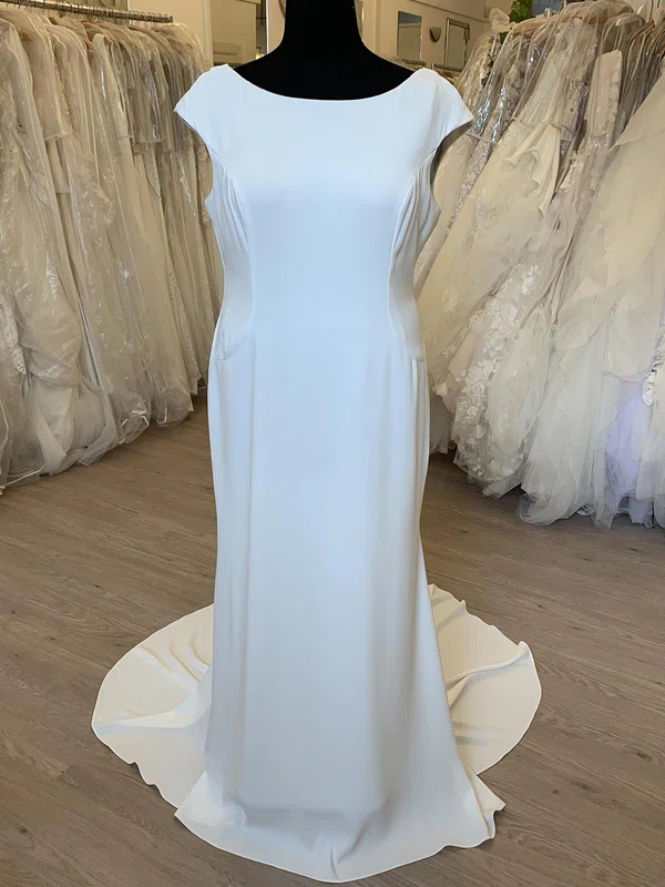 Sheath/Column Scoop Neck Satin Chiffon Sweep Train Wedding Dress #UKM00028372