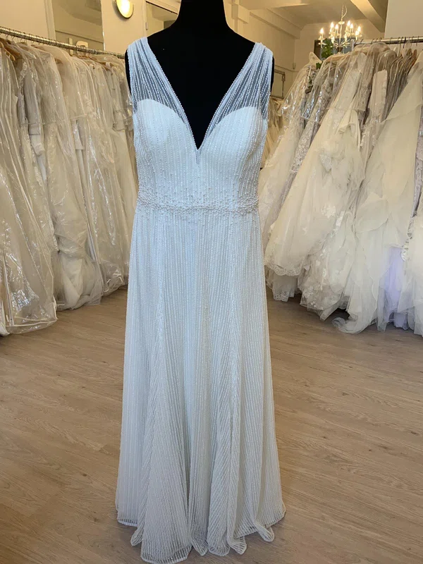 A-line V-neck Sequin Floor-length Wedding Dress With Pearl Detailing #UKM00028373