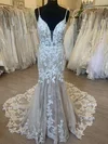 Trumpet/Mermaid V-neck Tulle Court Train Wedding Dress With Appliques Lace #UKM00028374