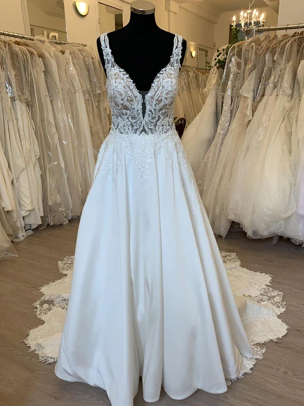 Ball Gown/Princess V-neck Satin Court Train Wedding Dress With Appliques Lace #UKM00028376