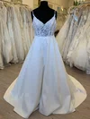 Ball Gown/Princess V-neck Satin Sweep Train Wedding Dress With Appliques Lace #UKM00028378