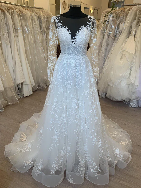 Ball Gown/Princess Illusion Tulle Court Train Wedding Dress With Flower(s) #UKM00028379