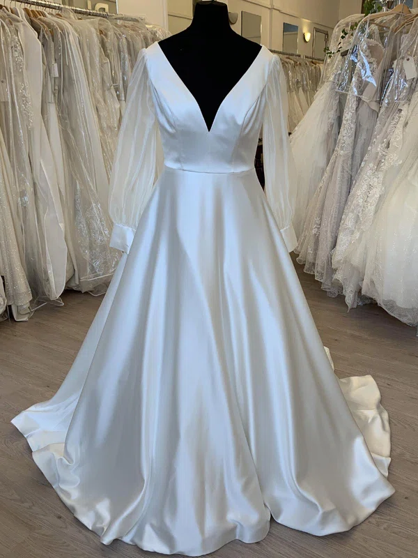Ball Gown/Princess V-neck Satin Sweep Train Wedding Dress #UKM00028381