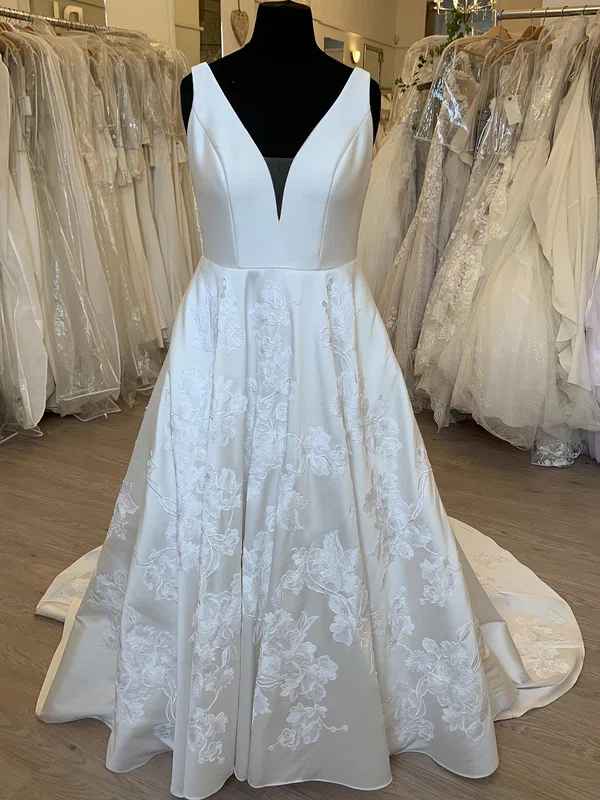 Ball Gown/Princess V-neck Satin Court Train Wedding Dress With Flower(s) #UKM00028382