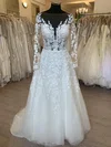 Ball Gown/Princess Illusion Glitter Sweep Train Wedding Dress With Appliques Lace #UKM00028383