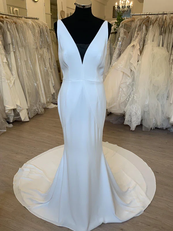 Sheath/Column V-neck Chiffon Sweep Train Wedding Dress With Flower(s) #UKM00028386