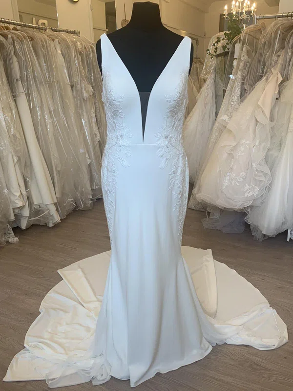 Sheath/Column V-neck Stretch Crepe Court Train Wedding Dress With Appliques Lace #UKM00028388