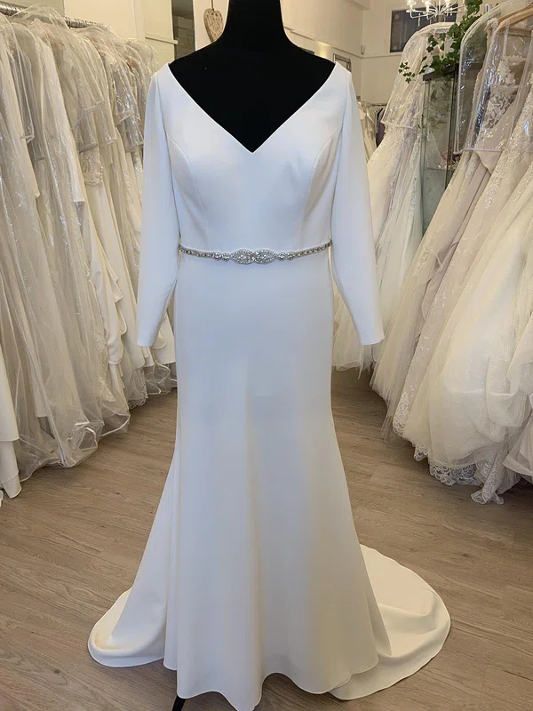 Sheath/Column V-neck Stretch Crepe Sweep Train Wedding Dress With Beading #UKM00028389