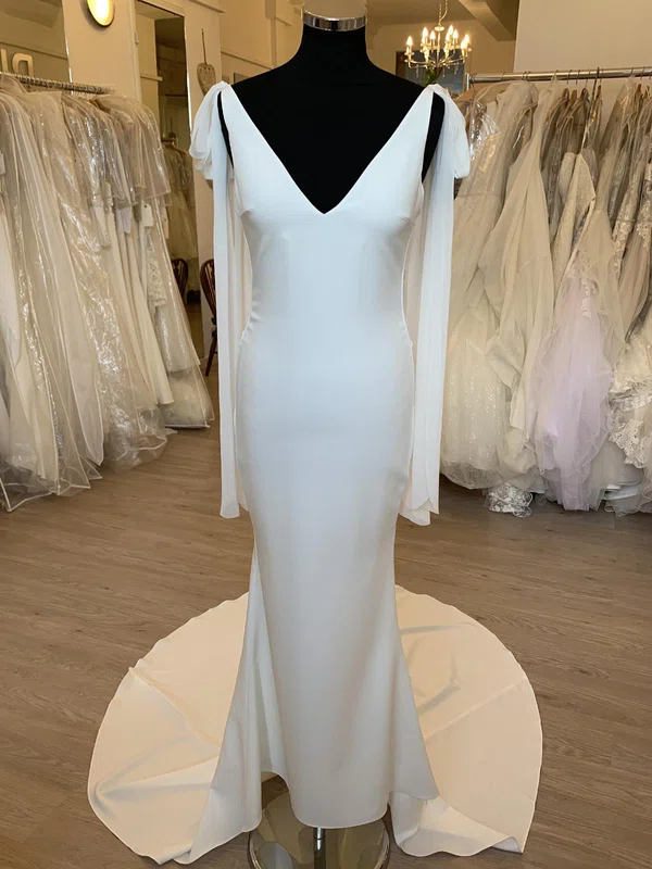 Sheath/Column V-neck Chiffon Court Train Wedding Dress #UKM00028390
