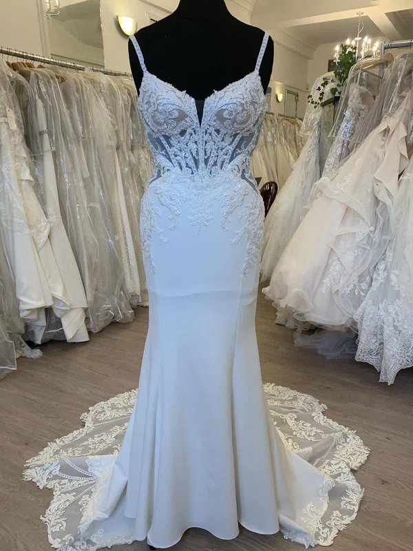 Trumpet/Mermaid V-neck Stretch Crepe Sweep Train Wedding Dress With Appliques Lace #UKM00028393