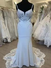 Trumpet/Mermaid V-neck Stretch Crepe Sweep Train Wedding Dress With Appliques Lace #UKM00028393