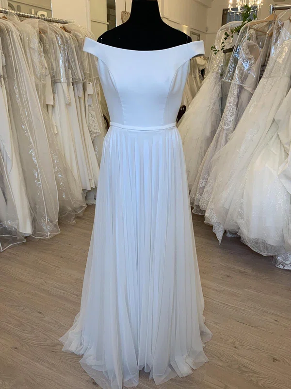 A-line Off-the-shoulder Tulle Floor-length Wedding Dress With Ruched #UKM00028394