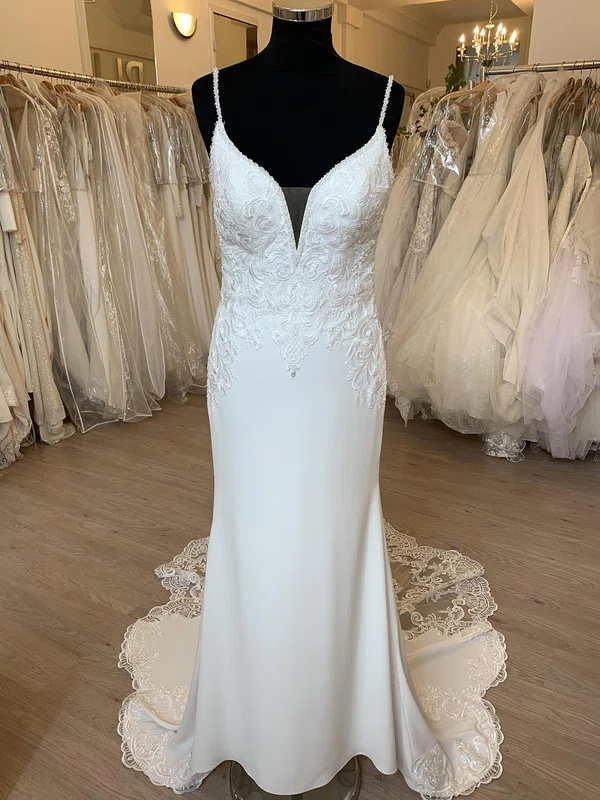 Sheath/Column V-neck Jersey Court Train Wedding Dress With Pearl Detailing #UKM00028396