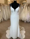 Sheath/Column V-neck Jersey Court Train Wedding Dress With Pearl Detailing #UKM00028396