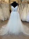 Ball Gown/Princess V-neck Tulle Court Train Wedding Dress With Beading #UKM00028397
