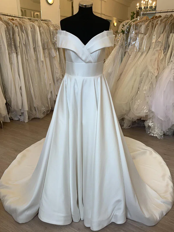 Ball Gown/Princess Off-the-shoulder Satin Court Train Wedding Dress With Ruched #UKM00028398