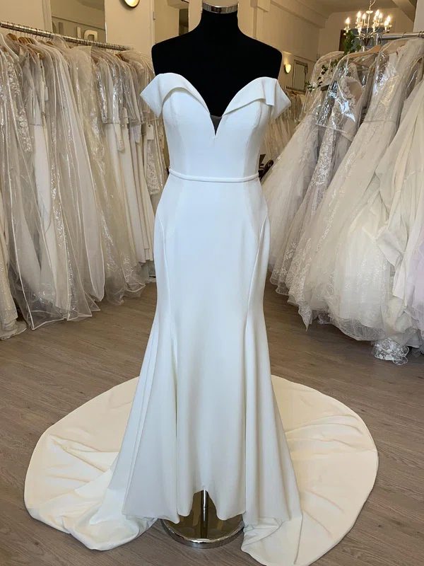 Trumpet/Mermaid Off-the-shoulder Stretch Crepe Sweep Train Wedding Dress With Ruched #UKM00028401