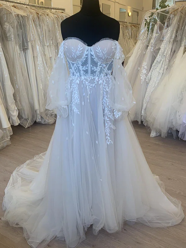 Ball Gown/Princess Off-the-shoulder Tulle Court Train Wedding Dress With Ruched #UKM00028407