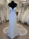 Sheath/Column V-neck Tulle Court Train Wedding Dress With Appliques Lace #UKM00028408