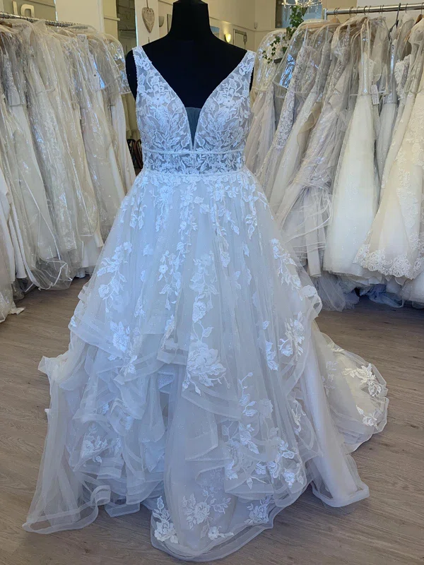 Ball Gown/Princess V-neck Glitter Sweep Train Wedding Dress With Cascading Ruffles #UKM00028409