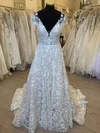 Ball Gown/Princess V-neck Tulle Lace Sweep Train Wedding Dress With Appliques Lace #UKM00028410