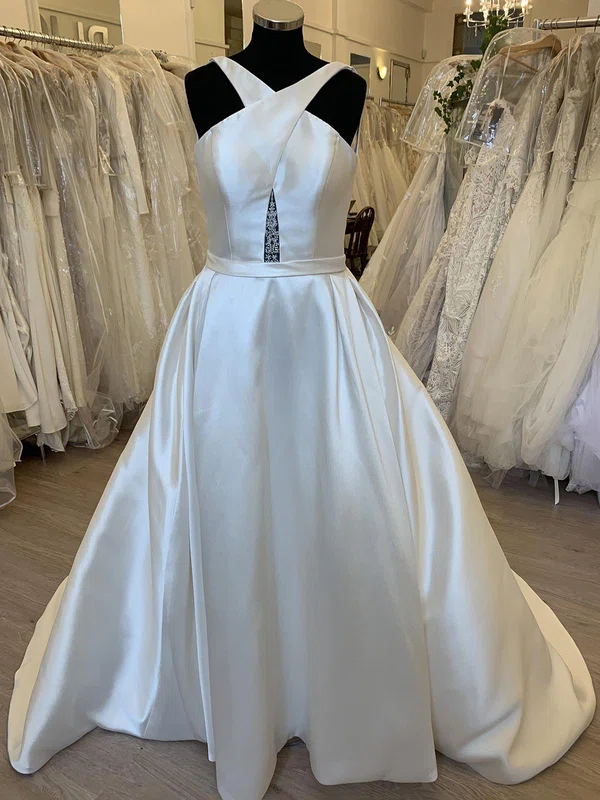 Ball Gown/Princess V-neck Satin Sweep Train Wedding Dress With Ruched Beading #UKM00028411