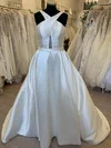 Ball Gown/Princess V-neck Satin Sweep Train Wedding Dress With Ruched Beading #UKM00028411
