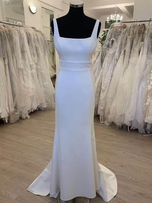 Sheath/Column Square Neckline Satin Sweep Train Wedding Dress #UKM00028412