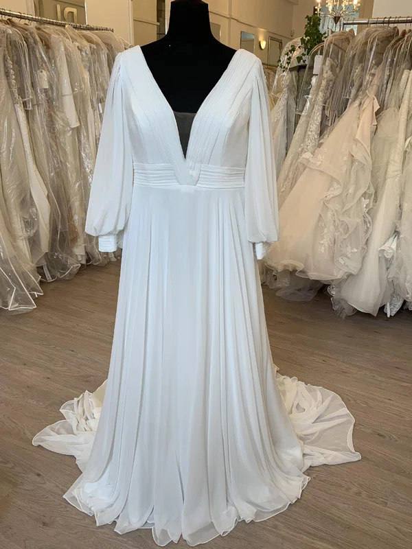 A-line V-neck Chiffon Sweep Train Wedding Dress With Ruched #UKM00028413