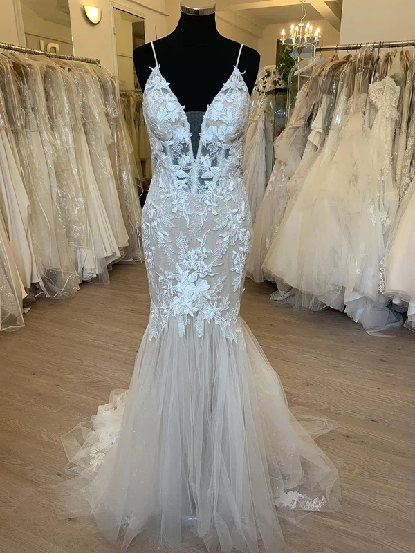 Trumpet/Mermaid V-neck Glitter Sweep Train Wedding Dress With Appliques Lace #UKM00028415
