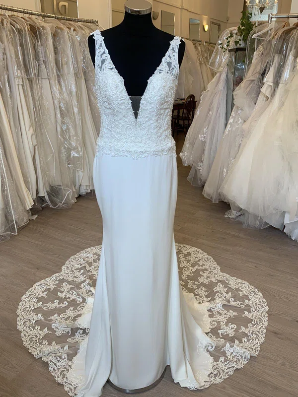 Sheath/Column V-neck Satin Sweep Train Wedding Dress With Appliques Lace #UKM00028416