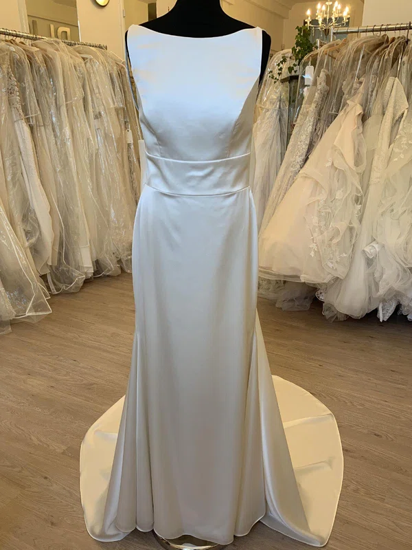 Sheath/Column Scoop Neck Satin Sweep Train Wedding Dress With Bow #UKM00028419