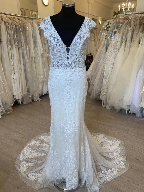 Sheath/Column V-neck Lace Sweep Train Wedding Dress With Appliques Lace #UKM00028422