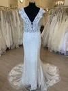 Sheath/Column V-neck Lace Sweep Train Wedding Dress With Appliques Lace #UKM00028422