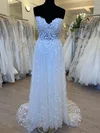 A-line Sweetheart Tulle Sweep Train Wedding Dress With Appliques Lace #UKM00028424