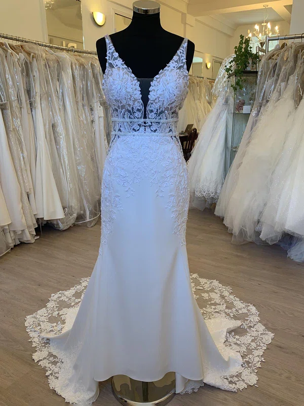 Sheath/Column V-neck Stretch Crepe Sweep Train Wedding Dress With Appliques Lace #UKM00028426