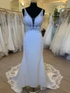Sheath/Column V-neck Stretch Crepe Sweep Train Wedding Dress With Appliques Lace #UKM00028426