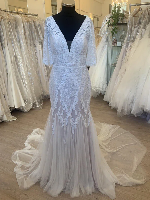 Trumpet/Mermaid V-neck Lace Tulle Court Train Wedding Dress With Appliques Lace #UKM00028427