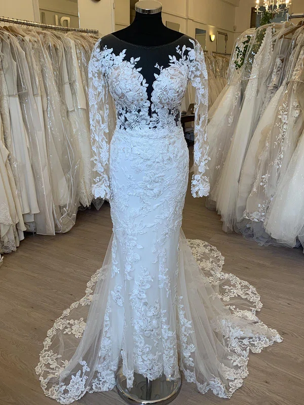 Sheath/Column Illusion Lace Tulle Court Train Wedding Dress With Appliques Lace #UKM00028430